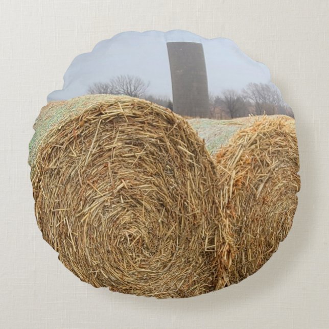 Large Round Hay Bales in a Farm Field Pillow (Front)