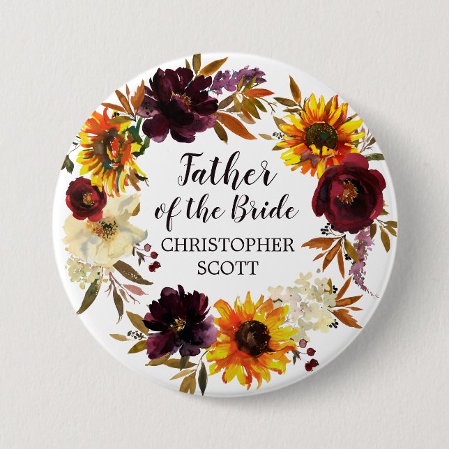 Large Rustic Autumn Floral Father of the Bride 3 Inch Round Button (Front)