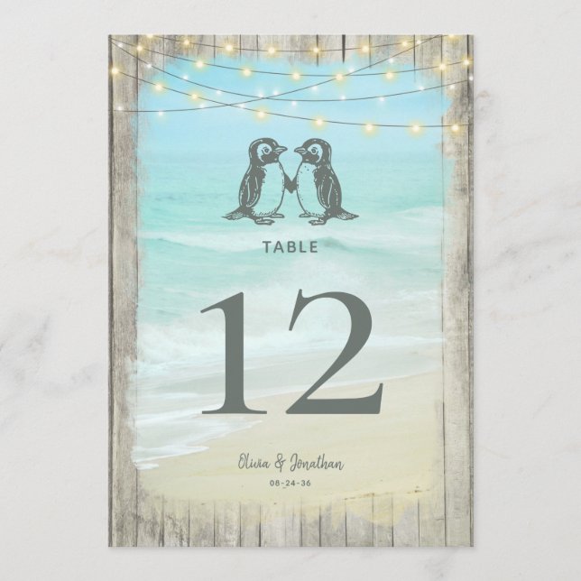 Large Rustic Beach Penguins Wedding Table Number (Front)