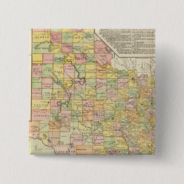 Large Scale County and Railroad Map Of Texas 2 Inch Square Button (Front)