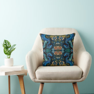 Large Scale Vintage Blue Dragon Botanical Throw Pillow