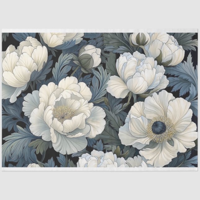 Large scale white poppies decoupage tissue paper (Front)