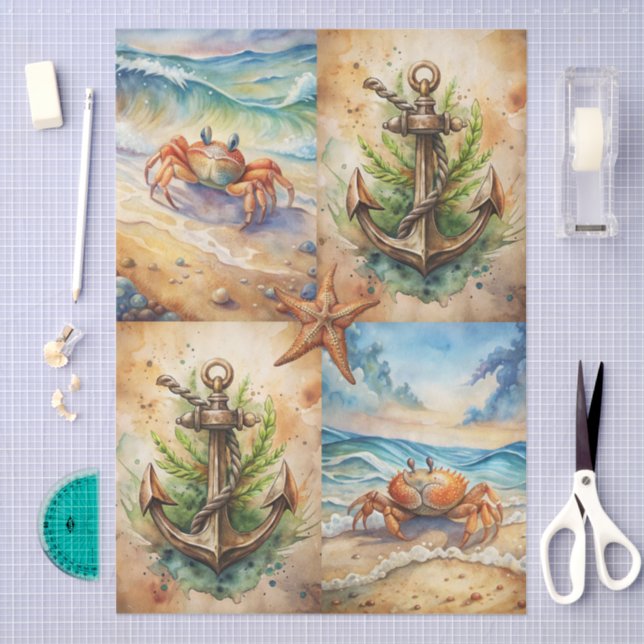 Large Scenic Starfish, Anchors & Crab Decoupage Tissue Paper (Craft)