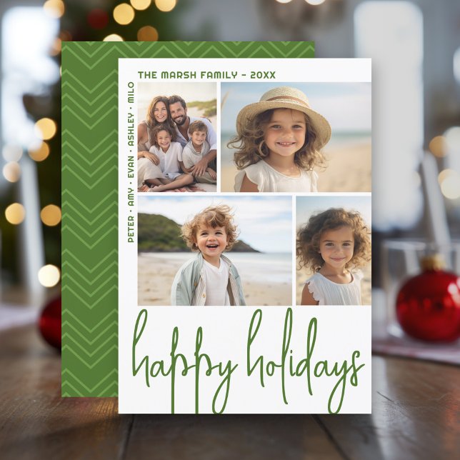 Large Script Olive Green - 4 Photo Offset - Happy Holiday Card (Modern Christmas Photo Greeting Card)