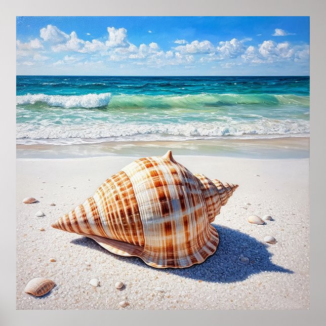 Large Seashell on a Pristine Sandy Beach Poster (Front)