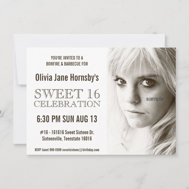 Large Sepia Photo Sweet Sixteen Birthday Party Invitation (Front)