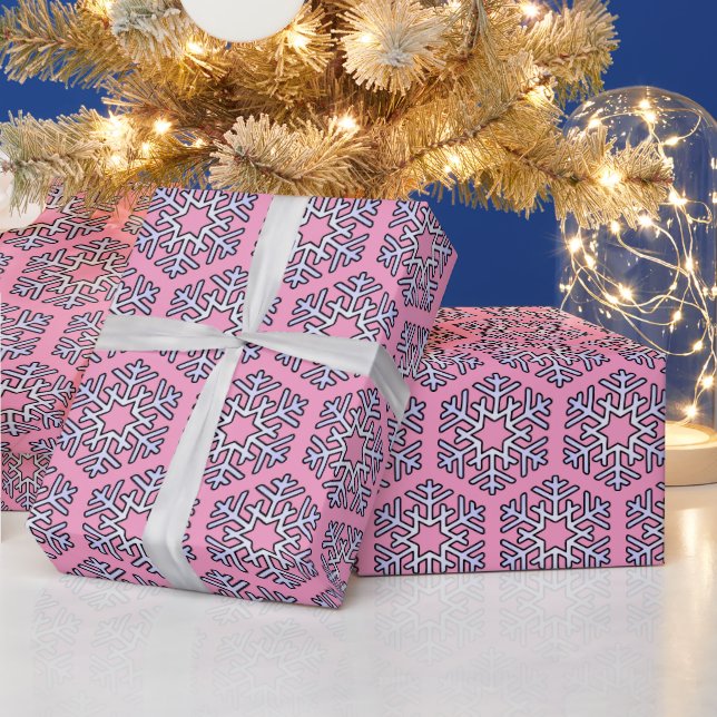 Large Silver Snowflakes on Pink Wrapping Paper (Holidays)