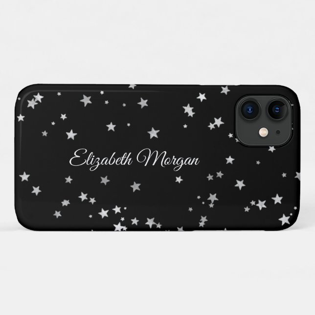 Large Silver Stars on Black, White Script Name Case-Mate iPhone Case (Back (Horizontal))