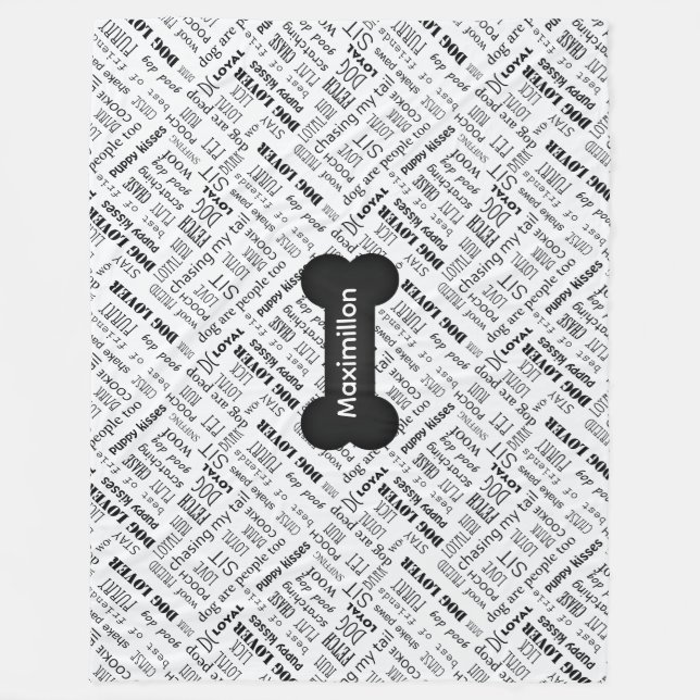 LARGE sized Bone and Word Cloud Black and White Fleece Blanket (Front)