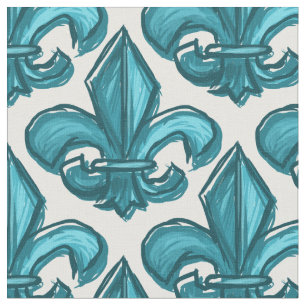 Large Sketch Fleur De Lis Pattern Dark Cyan Fabric
