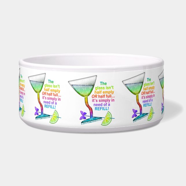 LARGE SNACK or PET BOWL, DISH - GLASS HALF FULL (Front)