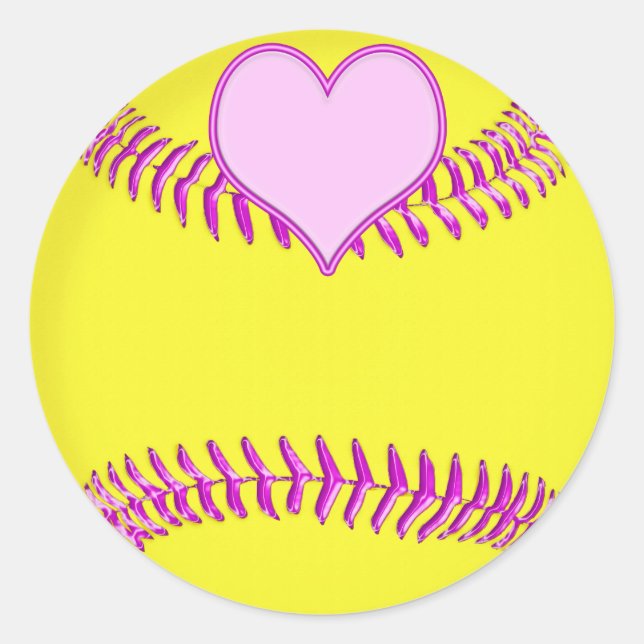 Large Softball Stickers with Pink Heart, Threads (Front)