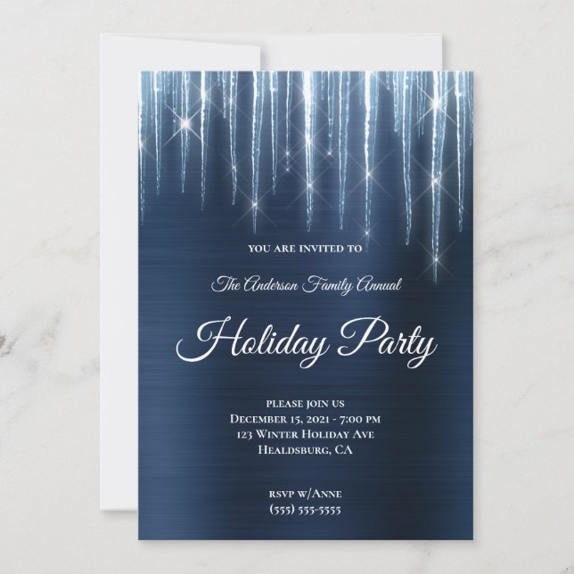 Large Sparkly Icicles Navy Blue Foil Holiday Invitation (Front)