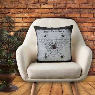 Large Spider Web Black Widow Spiders Black White Throw Pillow