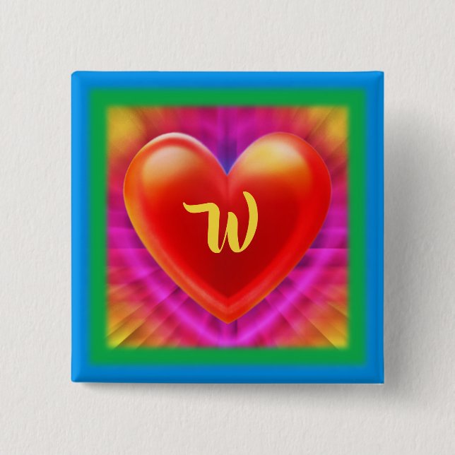Large Square Badge monogram nightclub neon heart. 2 Inch Square Button (Front)