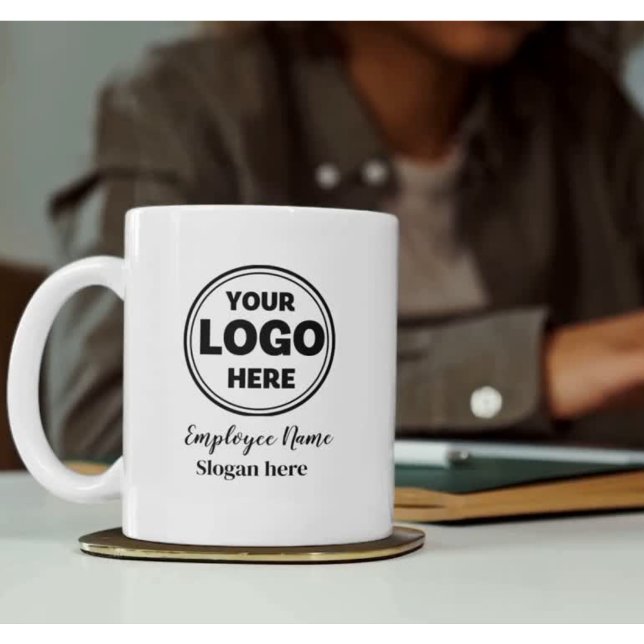Large Staff Employee Mug Name Slogan Company Logo (White Green Floral Mug | Custom Logo Employee Gift)