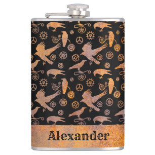 Large Steampunk Rusty Gears and Crows Custom Name Hip Flask