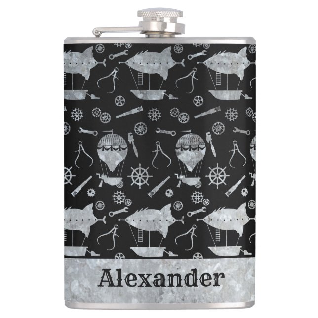 Large Steampunk Silver Zinc Airship Custom Name Hip Flask (Front)