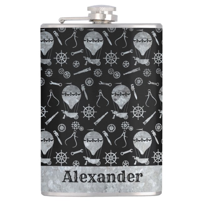 Large Steampunk Silver Zinc Balloons Custom Name Hip Flask (Front)