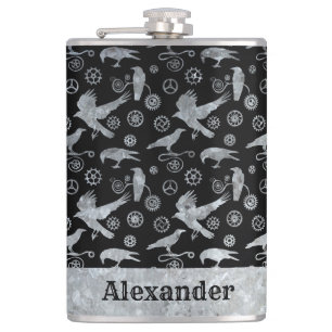 Large Steampunk Silver Zinc Gears and Crows Custom Hip Flask