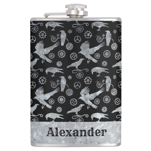 Large Steampunk Silver Zinc Gears and Crows Custom Hip Flask (Front)