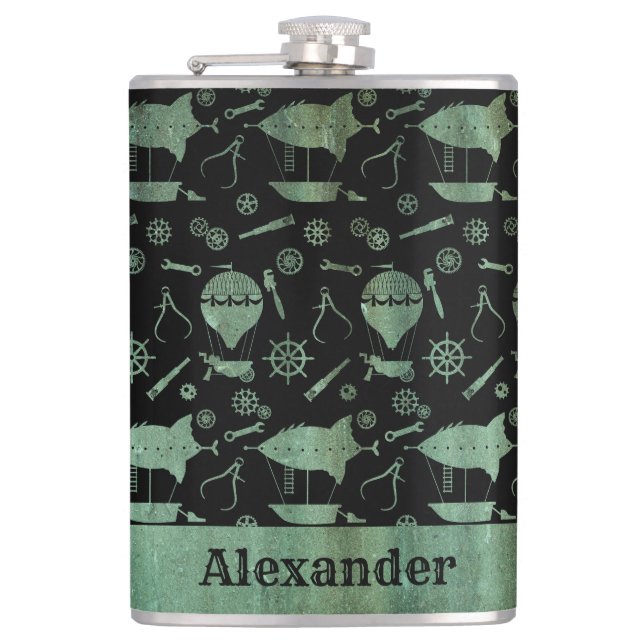Large Steampunk Verdigris Airship Theme Custom Hip Flask (Front)