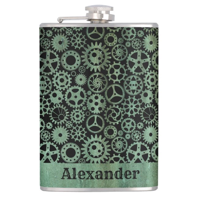Large Steampunk Verdigris Bronze Gears Custom Name Hip Flask (Front)