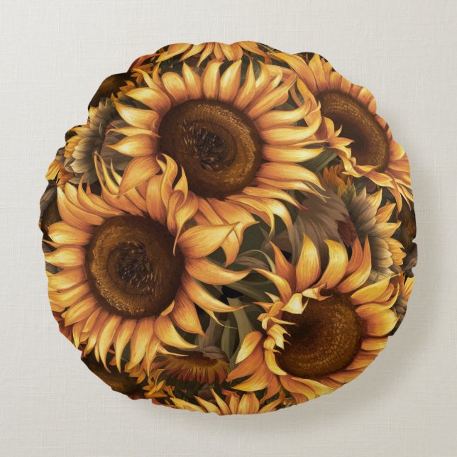 Large Sunflower Flowers Pattern Round Pillow (Front)