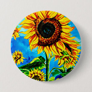 Large Sunflowers Watercolor nature painting  3 Inch Round Button