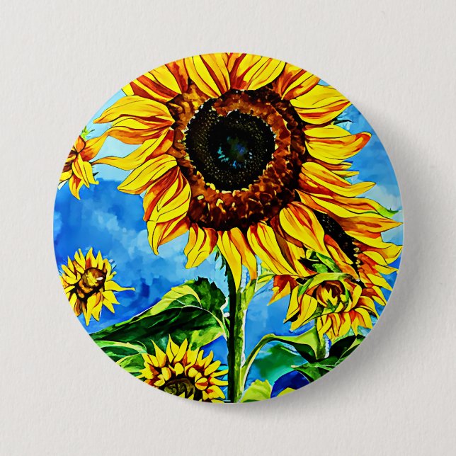 Large Sunflowers Watercolor nature painting  3 Inch Round Button (Front)