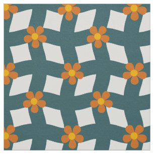 Large Teal Orange Floral Grid Cotton Twill Fabric