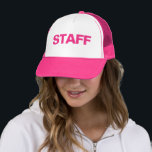 Large Text Bold Font Womens Staff Pink White Trucker Hat<br><div class="desc">Custom Large Big Bold Font Text Elegant Modern Template Create Your Own Upload Image Logo Photo Hats & Caps / Baseball & Trucker Hats / Pink White Staff Trucker Hat For Men & Women.</div>