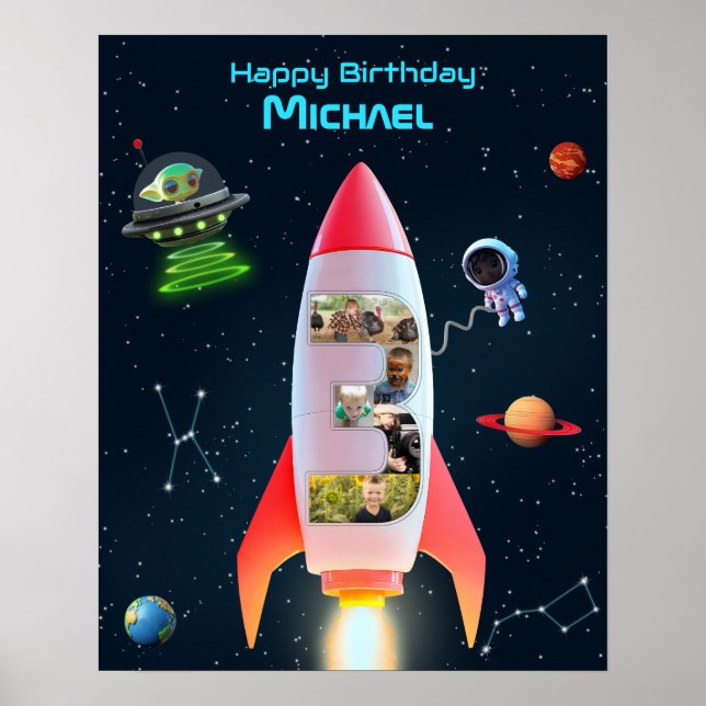 Large Three with Photos | Rocket Space 3rd Birthda Poster (Front)
