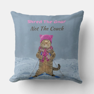 Large Throw Pillow, Shred the Gnar Ski Cat Pillow