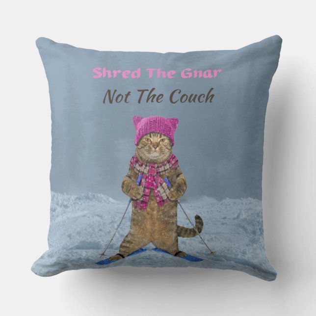 Large Throw Pillow, Shred the Gnar Ski Cat Pillow (Front)