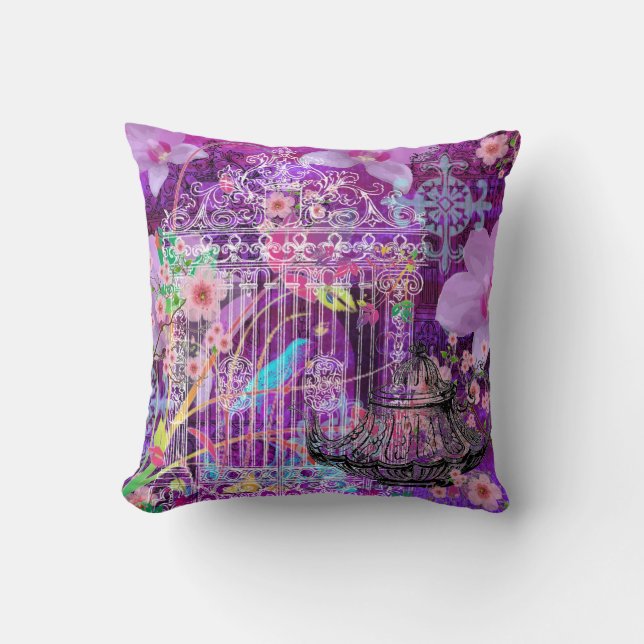 Large Throw Pillow, Violet, vintage bird cage Pillow (Front)