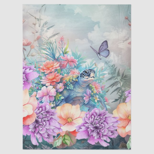 Large Tropical Sea Turtle & Watercolor Florals Tissue Paper (Front)