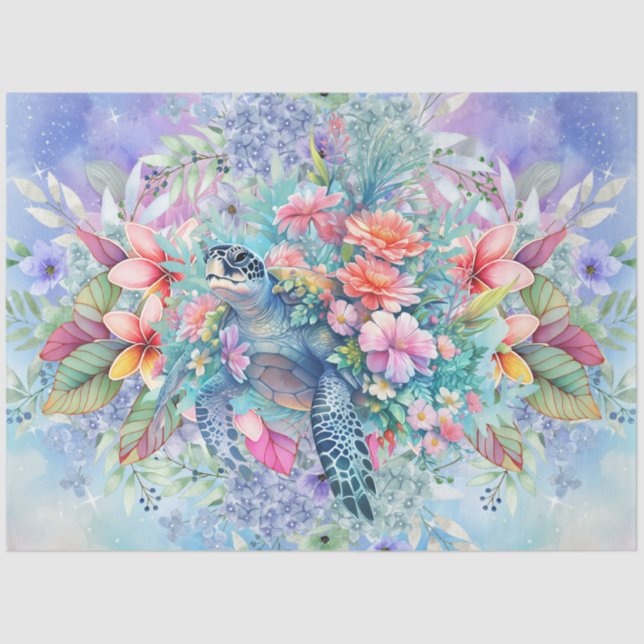 Large Tropical Sea Turtle & Watercolor Florals Tissue Paper (Front)