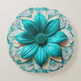 Large Turquoise Flower in Hyperrealistic Clipart Round Pillow