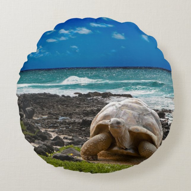 Large turtle at the sea edge round pillow (Front)
