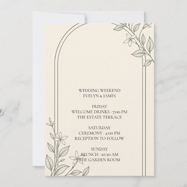 Large Type Olive Wedding Weekend Itinerary Invitation (Front)