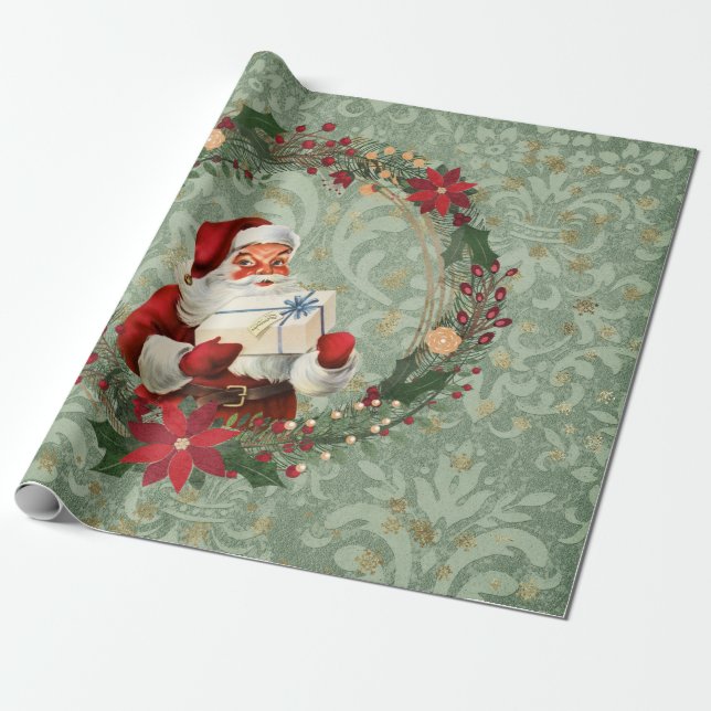 Large Vintage Christmas Santa and Wreath Wrapping Paper (Unrolled)