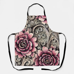 Large Vintage Gothic Pink Flower Pattern Apron
