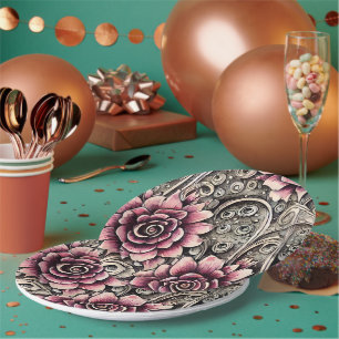 Large Vintage Gothic Pink Flower Pattern Paper Plate