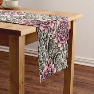 Large Vintage Gothic Pink Flower Pattern Short Table Runner