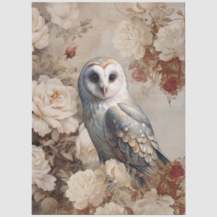 Large Vintage Inspired Elegant White Roses & Owl Tissue Paper