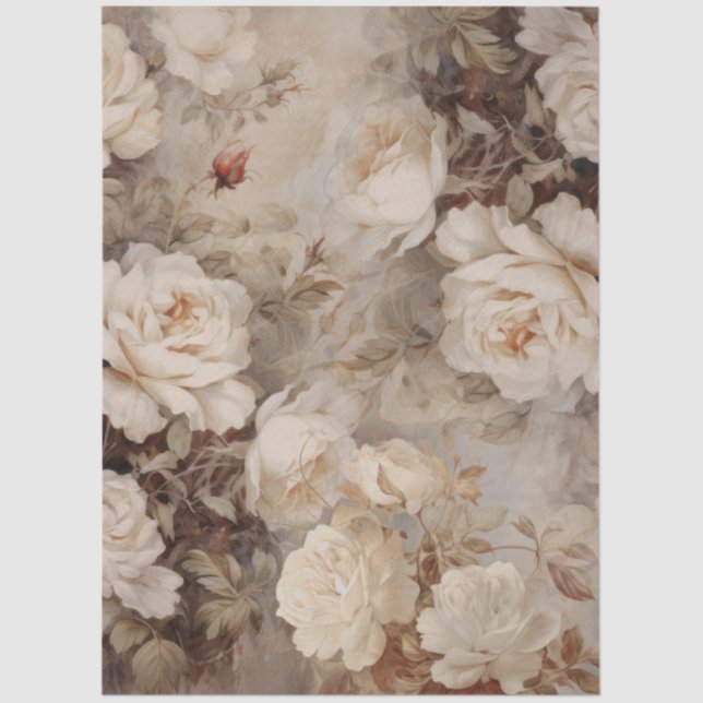 Large Vintage Inspired Elegant White Roses Tissue Paper (Front)