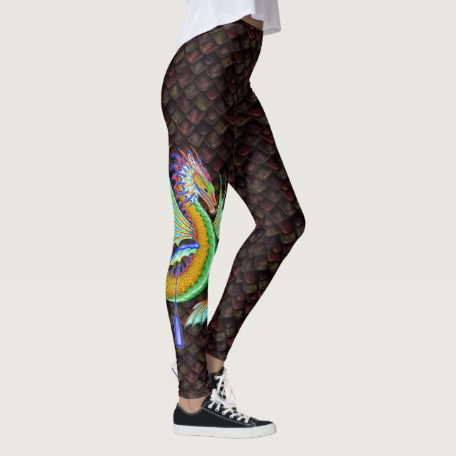 Large Water Dragon on Red /Orange Dragon Scales Leggings (Right)