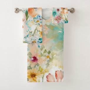 Large Watercolor Summer Flower Pattern  Bath Towel Set