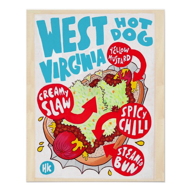 Large West Virginia Hot Dog Poster by Hawk Krall (Front)